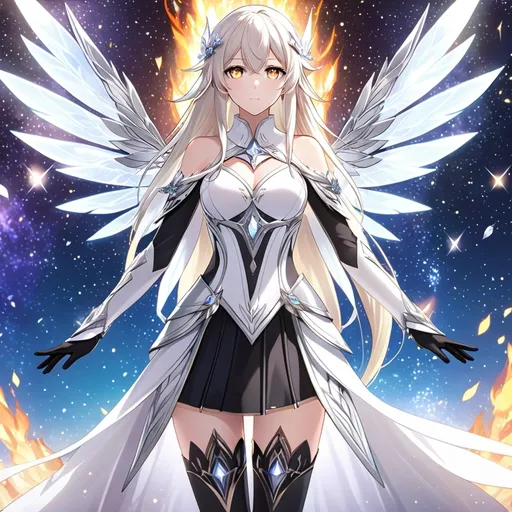 Prompt: anime, girl, detailed, very detailed, a woman in a white clothes, black skirt, stars and galactic in the background, official art, anime, girl, detailed, very detailed, crystal yellow eyes, very long blonde hair, 8k, detailed eyes, Anime illustration of a tall woman,  flame fairy wings, black thigh-highs, bright pupils, space, starfalls , high quality, thin body, anime art, detailed eyes, professional, atmospheric lighting, normal hands, five fingers, aura, adult woman, cold face, sharp eyes, 1girl, glowing eyes, Lumine from genshin impact, dress, textured corset with gold accessories, wearing long black gloves, bare shoulders, pyrokinesis, flame, white long arms shirt with black gloves, a white armor futuristic suit