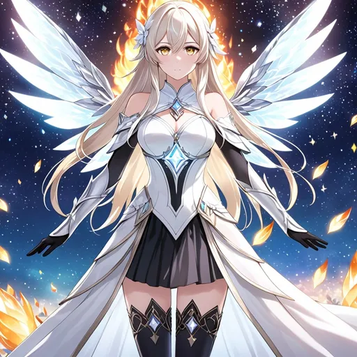 Prompt: anime, girl, detailed, very detailed, a woman in a white clothes, black skirt, stars and galactic in the background, official art, anime, girl, detailed, very detailed, crystal yellow eyes, very long blonde hair, 8k, detailed eyes, Anime illustration of a tall woman,  flame fairy wings, black thigh-highs, bright pupils, space, starfalls , high quality, thin body, anime art, detailed eyes, professional, atmospheric lighting, normal hands, five fingers, aura, adult woman, cold face, sharp eyes, 1girl, glowing eyes, Lumine from genshin impact, dress, textured corset with gold accessories, wearing long black gloves, bare shoulders, pyrokinesis, flame, white long arms shirt with black gloves, a white armor futuristic suit