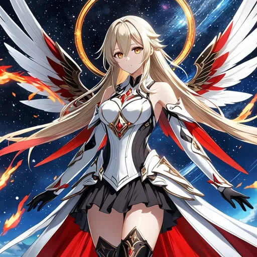 Prompt: anime, girl, detailed, very detailed, a woman in a white clothes, black skirt, stars and galactic in the background, official art, anime, girl, detailed, very detailed, crystal yellow eyes, very long blonde hair, 8k, detailed eyes, Anime illustration of a tall woman,  flame fairy wings, black thigh-highs, bright pupils, space, starfalls , high quality, thin body, anime art, detailed eyes, professional, atmospheric lighting, normal hands, five fingers, aura, adult woman, cold face, sharp eyes, 1girl, glowing eyes, Lumine from genshin impact, dress, textured corset with gold accessories, wearing long black gloves, bare shoulders, pyrokinesis, flame, white long arms shirt with black gloves, a white armor futuristic suit