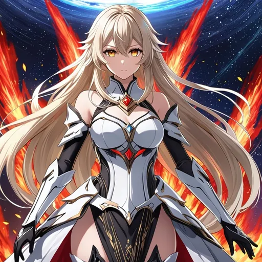 Prompt: anime, girl, detailed, very detailed, a woman in a white clothes, black skirt, stars and galactic in the background, official art, anime, girl, detailed, very detailed, crystal yellow eyes, very long blonde hair, 8k, detailed eyes, Anime illustration of a tall woman, fire aura, black thigh-highs, bright pupils, space, starfalls , high quality, thin body, anime art, detailed eyes, professional, atmospheric lighting, normal hands, five fingers, aura, adult woman, cold face, sharp eyes, 1girl, glowing eyes, Lumine from genshin impact, dress, textured corset with gold accessories, wearing long black gloves, bare shoulders, pyrokinesis, flame, white long arms shirt with black gloves, a white armor futuristic suit, Very long blonde hair