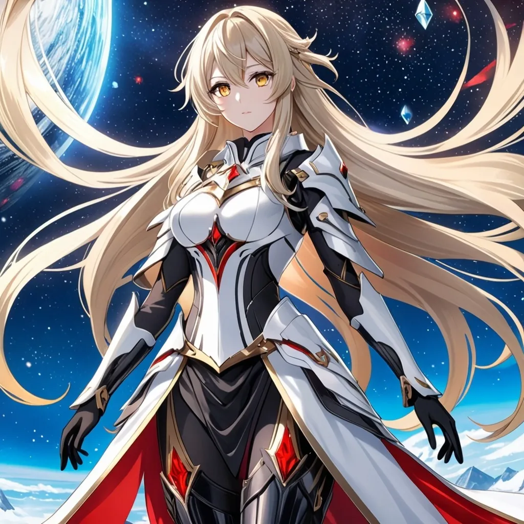 Prompt: anime, girl, detailed, very detailed, a woman in a white clothes, black skirt, stars and galactic in the background, official art, anime, girl, detailed, very detailed, crystal yellow eyes, very long blonde hair, 8k, detailed eyes, Anime illustration of a tall woman, black thigh-highs, bright pupils, space, starfalls , high quality, thin body, anime art, detailed eyes, professional, atmospheric lighting, normal hands, five fingers, aura, adult woman, cold face, sharp eyes, 1girl, glowing eyes, Lumine from genshin impact, dress, textured corset with gold accessories, wearing long black gloves, pyrokinesis, flame, white long arms shirt with black gloves, a white armor futuristic suit with bare shoulders, Very long blonde hair