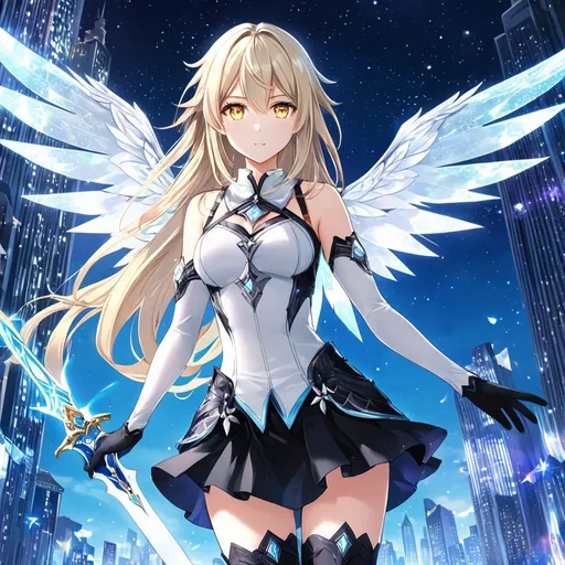 Prompt: anime, girl, detailed, very detailed, a woman in a white shirt inside, black skirt with a sword on a city street with skyscrapers in the background, official art, anime, girl, detailed, very detailed, crystal yellow eyes, very long blonde hair, 8k, detailed eyes, wearing gloves, Anime illustration of a tall woman, light fairy wings, black thigh-highs and black gloves, bright pupils, space, starfalls , high quality, thin body, anime art, detailed eyes, professional, atmospheric lighting, normal hands, five fingers, aura, adult woman, cold face, sharp eyes, 1girl, glowing eyes, Lumine from genshin impact