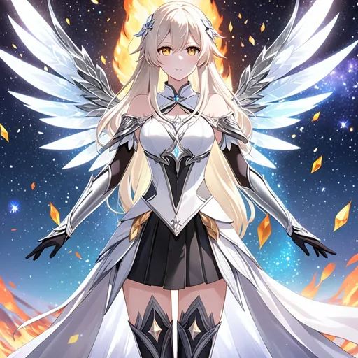 Prompt: anime, girl, detailed, very detailed, a woman in a white clothes, black skirt, stars and galactic in the background, official art, anime, girl, detailed, very detailed, crystal yellow eyes, very long blonde hair, 8k, detailed eyes, Anime illustration of a tall woman,  flame fairy wings, black thigh-highs, bright pupils, space, starfalls , high quality, thin body, anime art, detailed eyes, professional, atmospheric lighting, normal hands, five fingers, aura, adult woman, cold face, sharp eyes, 1girl, glowing eyes, Lumine from genshin impact, dress, textured corset with gold accessories, wearing long black gloves, bare shoulders, pyrokinesis, flame, white long arms shirt with black gloves, a white armor futuristic suit