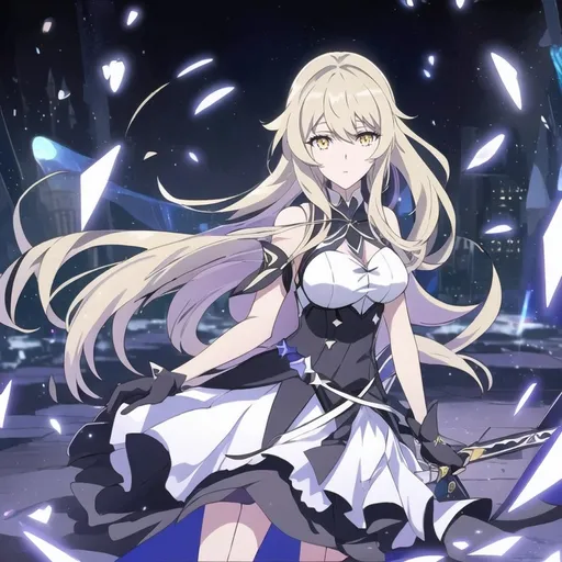 Prompt: anime, girl, detailed, very detailed, a woman in a white shirt inside, black skirt with a sword on a city street with skyscrapers in the background, official art, anime, girl, detailed, very detailed, crystal yellow eyes, very long blonde hair, 8k, detailed eyes, wearing gloves, Anime illustration of a tall woman, light fairy wings, black thigh-highs and black gloves, bright pupils, space, starfalls , high quality, thin body, anime art, detailed eyes, professional, atmospheric lighting, normal hands, five fingers, aura, adult woman, cold face, sharp eyes, 1girl, glowing eyes, Lumine from genshin impact