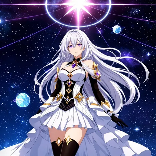 Prompt: detailed purple eyes, glove holding beautiful detailed sword, textured dress, textured corset with gold accessories, Anime illustration of a tall woman with very long white hair, wearing a white dress, hands behind back, black thigh-highs and black gloves, bright pupils, space, starfalls , high quality, thin body, anime art, detailed eyes, professional, atmospheric lighting, normal hands, five fingers, goddess, aura, adult woman, cold face, herrscher from honkai impact's outfit, sharp eyes, 1girl