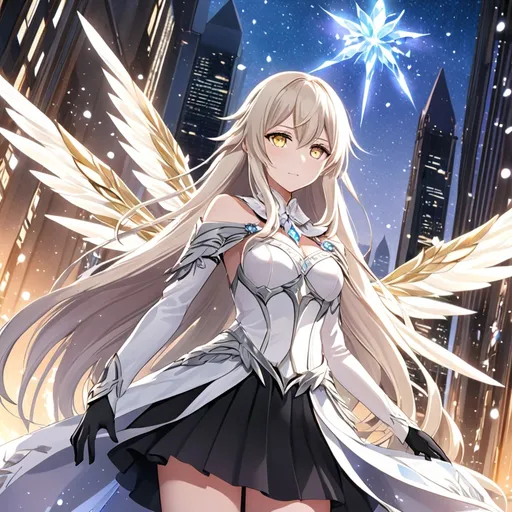 Prompt: anime, girl, detailed, very detailed, a woman in a white clothes, black skirt with a sword on a city street with skyscrapers in the background, official art, anime, girl, detailed, very detailed, crystal yellow eyes, very long blonde hair, 8k, detailed eyes, Anime illustration of a tall woman, gold light fairy wings, black thigh-highs, bright pupils, space, starfalls , high quality, thin body, anime art, detailed eyes, professional, atmospheric lighting, normal hands, five fingers, aura, adult woman, cold face, sharp eyes, 1girl, glowing eyes, Lumine from genshin impact, dress, textured corset with gold accessories, wearing long black gloves, bare shoulders, pyrokinesis, flame