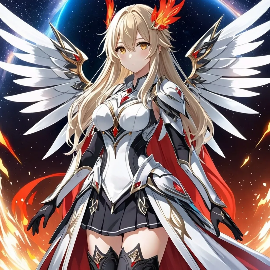 Prompt: anime, girl, detailed, very detailed, a woman in a white clothes, black short skirt, stars and galactic in the background, official art, anime, girl, detailed, very detailed, crystal yellow eyes, very long blonde hair, 8k, detailed eyes, Anime illustration of a tall woman,  flame fairy wings, black thigh-highs, bright pupils, space, starfalls , high quality, thin body, anime art, detailed eyes, professional, atmospheric lighting, normal hands, five fingers, aura, adult woman, cold face, sharp eyes, 1girl, glowing eyes, Lumine from genshin impact, dress, textured corset with gold accessories, wearing long black gloves, bare shoulders, pyrokinesis, flame, white long arms shirt with black gloves, a white armor futuristic suit