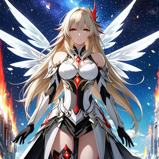 Prompt: anime, girl, detailed, very detailed, a woman in a white clothes, black skirt, stars and galactic in the background, official art, anime, girl, detailed, very detailed, crystal yellow eyes, very long blonde hair, 8k, detailed eyes, Anime illustration of a tall woman,  flame fairy wings, black thigh-highs, bright pupils, space, starfalls , high quality, thin body, anime art, detailed eyes, professional, atmospheric lighting, normal hands, five fingers, aura, adult woman, cold face, sharp eyes, 1girl, glowing eyes, Lumine from genshin impact, dress, textured corset with gold accessories, wearing long black gloves, bare shoulders, pyrokinesis, flame, white long arms shirt with black gloves, a white armor futuristic suit