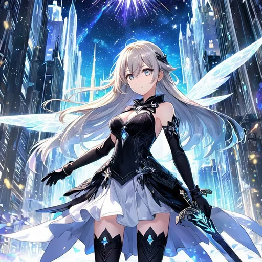 Prompt: anime, girl, detailed, very detailed, a woman in a black shirt inside white coat, black skirt with a sword on a city street with skyscrapers in the background, official art, anime, girl, detailed, very detailed, golden eyes, very long blonde hair, 8k, detailed eyes, wearing gloves, Anime illustration of a tall woman, light fairy wings, black thigh-highs and black gloves, bright pupils, space, starfalls , high quality, thin body, anime art, detailed eyes, professional, atmospheric lighting, normal hands, five fingers, aura, adult woman, cold face, sharp eyes, 1girl, glowing eyes, Lumine form Genshin impact