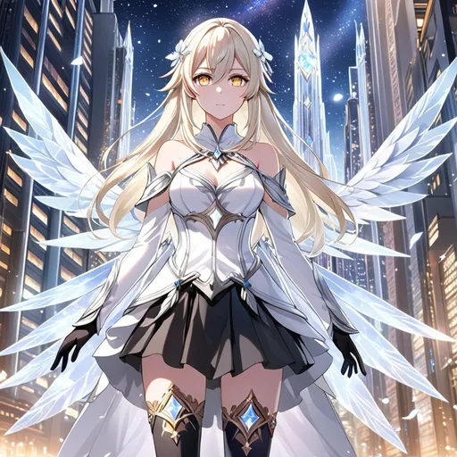 Prompt: anime, girl, detailed, very detailed, a woman in a white shirt inside, black skirt with a sword on a city street with skyscrapers in the background, official art, anime, girl, detailed, very detailed, crystal yellow eyes, very long blonde hair, 8k, detailed eyes, Anime illustration of a tall woman, light fairy wings, black thigh-highs, bright pupils, space, starfalls , high quality, thin body, anime art, detailed eyes, professional, atmospheric lighting, normal hands, five fingers, aura, adult woman, cold face, sharp eyes, 1girl, glowing eyes, Lumine from genshin impact, dress, textured corset with gold accessories, wearing long black gloves, bare shoulders