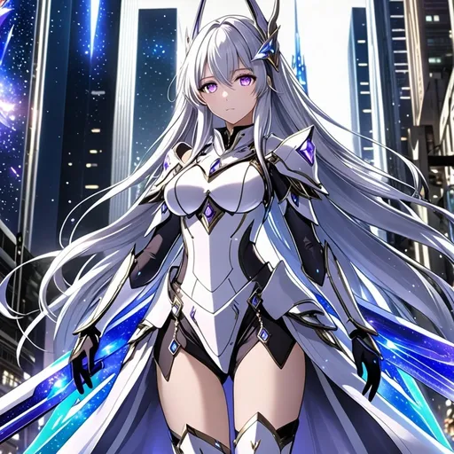 Prompt: anime, girl, detailed, very detailed, a woman in a white armor futuristic suit with a sword on a city street with skyscrapers in the background, official art, anime, girl, detailed, very detailed, crystal purple eyes, very long silver hair, 8k, he, detailed eyes, glove holding, Anime illustration of a tall woman, hands behind back, black thigh-highs and black gloves, bright pupils, space, starfalls , high quality, thin body, anime art, detailed eyes, professional, atmospheric lighting, normal hands, five fingers, aura, adult woman, cold face, sharp eyes, 1girl, glowing eyes