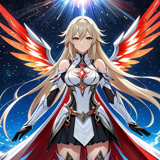 Prompt: anime, girl, detailed, very detailed, a woman in a white clothes, black skirt, stars and galactic in the background, official art, anime, girl, detailed, very detailed, crystal yellow eyes, very long blonde hair, 8k, detailed eyes, Anime illustration of a tall woman,  flame fairy wings, black thigh-highs, bright pupils, space, starfalls , high quality, thin body, anime art, detailed eyes, professional, atmospheric lighting, normal hands, five fingers, aura, adult woman, cold face, sharp eyes, 1girl, glowing eyes, Lumine from genshin impact, dress, textured corset with gold accessories, wearing long black gloves, bare shoulders, pyrokinesis, flame, white long arms shirt with black gloves, a white armor futuristic suit