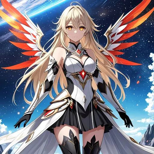 Prompt: anime, girl, detailed, very detailed, a woman in a white clothes, black short skirt, stars and galactic in the background, official art, anime, girl, detailed, very detailed, crystal yellow eyes, very long blonde hair, 8k, detailed eyes, Anime illustration of a tall woman,  flame fairy wings, white thigh-highs, bright pupils, space, starfalls , high quality, thin body, anime art, detailed eyes, professional, atmospheric lighting, normal hands, five fingers, aura, adult woman, cold face, sharp eyes, 1girl, glowing eyes, Lumine from genshin impact, dress, textured corset with gold accessories, wearing long black gloves, bare shoulders, pyrokinesis, flame, white long arms shirt with black gloves, a white armor futuristic suit