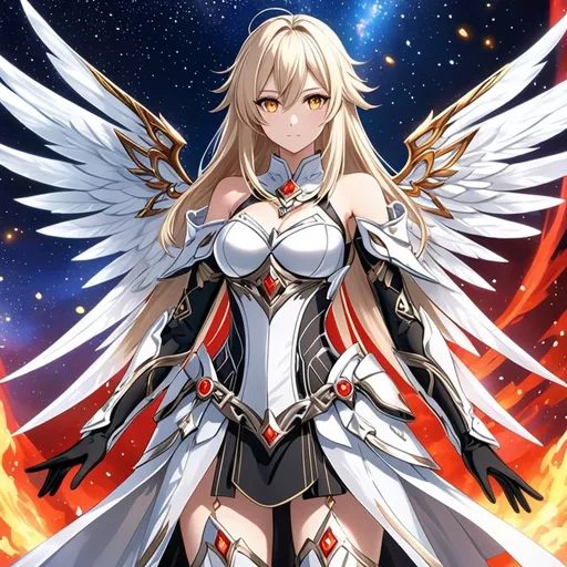 Prompt: anime, girl, detailed, very detailed, a woman in a white clothes, black skirt, stars and galactic in the background, official art, anime, girl, detailed, very detailed, crystal yellow eyes, very long blonde hair, 8k, detailed eyes, Anime illustration of a tall woman,  flame fairy wings, black thigh-highs, bright pupils, space, starfalls , high quality, thin body, anime art, detailed eyes, professional, atmospheric lighting, normal hands, five fingers, aura, adult woman, cold face, sharp eyes, 1girl, glowing eyes, Lumine from genshin impact, dress, textured corset with gold accessories, wearing long black gloves, bare shoulders, pyrokinesis, flame, white long arms shirt with black gloves, a white armor futuristic suit