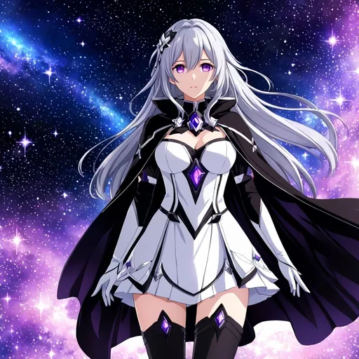 Prompt: Crystal purple eyes, long silver hair, galactic background, 8k, he, detailed eyes, glove holding, textured dress, textured corset with silver accessories, Anime illustration of a tall woman wearing a white dress, hands behind back, black thigh-highs and black gloves, bright pupils, space, starfalls , high quality, thin body, anime art, detailed eyes, professional, atmospheric lighting, normal hands, five fingers, aura, adult woman, cold face, herrscher from honkai impact's outfit, sharp eyes, 1girl, black cape, glowing eyes