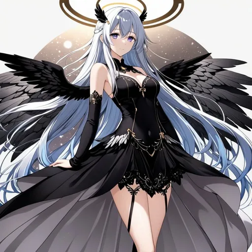 Prompt: 1girl, an anime girl with long blue hair, anime art, an anime drawing, dull eyes, purple eyes, tall woman, high quality, thin body, multiple wings, angel, six wings, hands behind back, head wings, glowing eyes, halo, black legwear