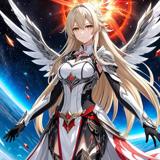 Prompt: anime, girl, detailed, very detailed, a woman in a white clothes, black skirt, stars and galactic in the background, official art, anime, girl, detailed, very detailed, crystal yellow eyes, very long blonde hair, 8k, detailed eyes, Anime illustration of a tall woman,  flame wings, black thigh-highs, bright pupils, space, starfalls , high quality, thin body, anime art, detailed eyes, professional, atmospheric lighting, normal hands, five fingers, aura, adult woman, cold face, sharp eyes, 1girl, glowing eyes, Lumine from genshin impact, dress, textured corset with gold accessories, wearing long black gloves, bare shoulders, pyrokinesis, flame, white long arms shirt with black gloves, a white armor futuristic suit