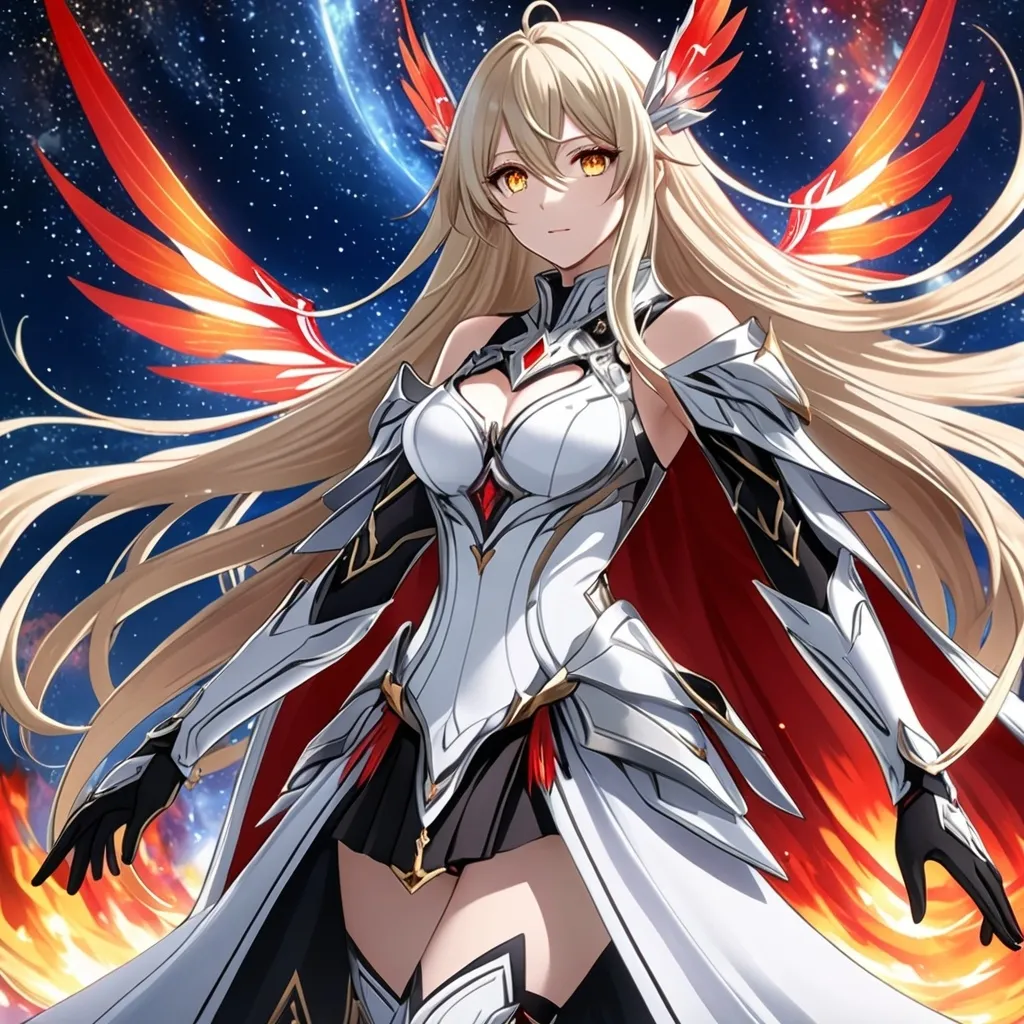 Prompt: anime, girl, detailed, very detailed, a woman in a white clothes, black skirt, stars and galactic in the background, official art, anime, girl, detailed, very detailed, crystal yellow eyes, very long blonde hair, 8k, detailed eyes, Anime illustration of a tall woman,  flame fairy wings, black thigh-highs, bright pupils, space, starfalls , high quality, thin body, anime art, detailed eyes, professional, atmospheric lighting, normal hands, five fingers, aura, adult woman, cold face, sharp eyes, 1girl, glowing eyes, Lumine from genshin impact, dress, textured corset with gold accessories, wearing long black gloves, bare shoulders, pyrokinesis, flame, white long arms shirt with black gloves, a white armor futuristic suit, Very long blonde hair, cape