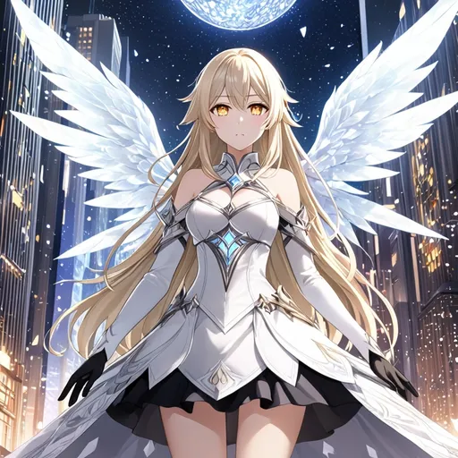 Prompt: anime, girl, detailed, very detailed, a woman in a white clothes, black skirt with a sword on a city street with skyscrapers in the background, official art, anime, girl, detailed, very detailed, crystal yellow eyes, very long blonde hair, 8k, detailed eyes, Anime illustration of a tall woman, gold light fairy wings, black thigh-highs, bright pupils, space, starfalls , high quality, thin body, anime art, detailed eyes, professional, atmospheric lighting, normal hands, five fingers, aura, adult woman, cold face, sharp eyes, 1girl, glowing eyes, Lumine from genshin impact, dress, textured corset with gold accessories, wearing long black gloves, bare shoulders, pyrokinesis, flame, white long arms shirt with black gloves