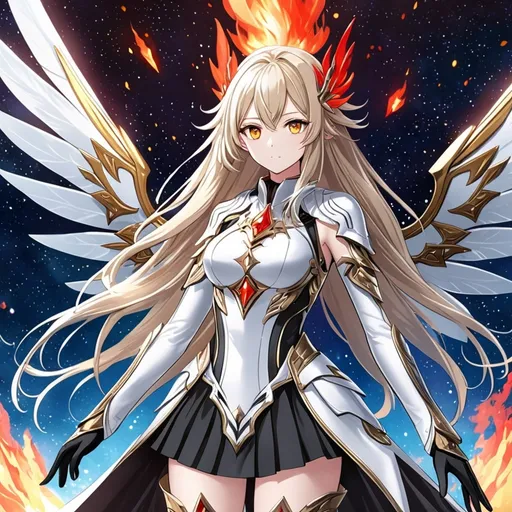 Prompt: anime, girl, detailed, very detailed, a woman in a white clothes, black skirt, stars and galactic in the background, official art, anime, girl, detailed, very detailed, crystal yellow eyes, very long blonde hair, 8k, detailed eyes, Anime illustration of a tall woman,  flame fairy wings, black thigh-highs, bright pupils, space, starfalls , high quality, thin body, anime art, detailed eyes, professional, atmospheric lighting, normal hands, five fingers, aura, adult woman, cold face, sharp eyes, 1girl, glowing eyes, Lumine from genshin impact, dress, textured corset with gold accessories, wearing long black gloves, bare shoulders, pyrokinesis, flame, white long arms shirt with black gloves, a white armor futuristic suit