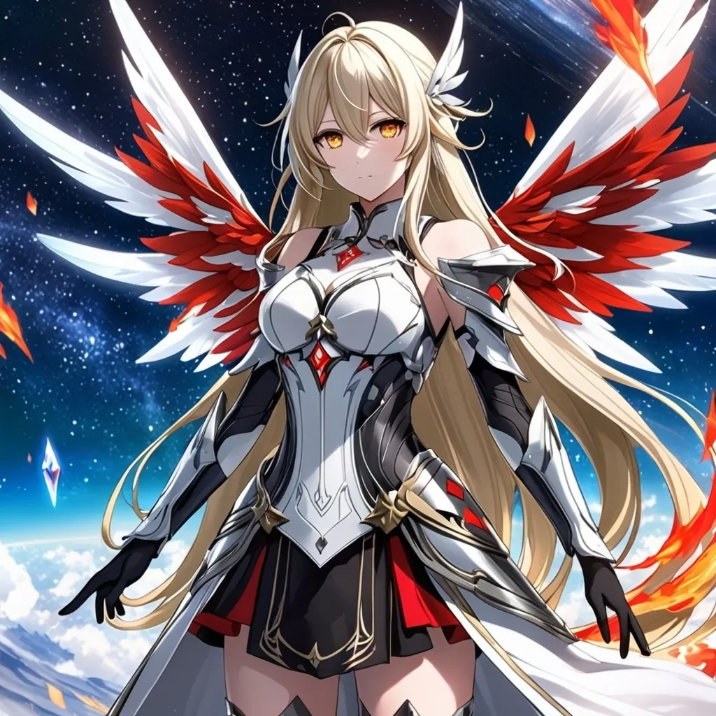 Prompt: anime, girl, detailed, very detailed, a woman in a white clothes, black skirt, stars and galactic in the background, official art, anime, girl, detailed, very detailed, crystal yellow eyes, very long blonde hair, 8k, detailed eyes, Anime illustration of a tall woman,  flame fairy wings, black thigh-highs, bright pupils, space, starfalls , high quality, thin body, anime art, detailed eyes, professional, atmospheric lighting, normal hands, five fingers, aura, adult woman, cold face, sharp eyes, 1girl, glowing eyes, Lumine from genshin impact, dress, textured corset with gold accessories, wearing long black gloves, bare shoulders, pyrokinesis, flame, white long arms shirt with black gloves, a white armor futuristic suit, Very long blonde hair, cape