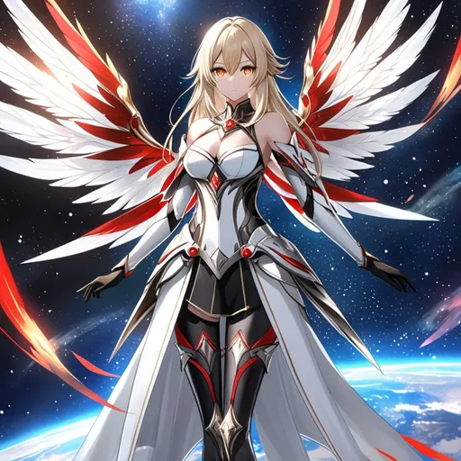 Prompt: anime, girl, detailed, very detailed, a woman in a white clothes, black skirt, stars and galactic in the background, official art, anime, girl, detailed, very detailed, crystal yellow eyes, very long blonde hair, 8k, detailed eyes, Anime illustration of a tall woman,  flame fairy wings, black thigh-highs, bright pupils, space, starfalls , high quality, thin body, anime art, detailed eyes, professional, atmospheric lighting, normal hands, five fingers, aura, adult woman, cold face, sharp eyes, 1girl, glowing eyes, Lumine from genshin impact, dress, textured corset with gold accessories, wearing long black gloves, bare shoulders, pyrokinesis, flame, white long arms shirt with black gloves, a white armor futuristic suit