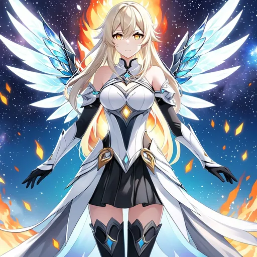 Prompt: anime, girl, detailed, very detailed, a woman in a white clothes, black skirt, stars and galactic in the background, official art, anime, girl, detailed, very detailed, crystal yellow eyes, very long blonde hair, 8k, detailed eyes, Anime illustration of a tall woman,  flame fairy wings, black thigh-highs, bright pupils, space, starfalls , high quality, thin body, anime art, detailed eyes, professional, atmospheric lighting, normal hands, five fingers, aura, adult woman, cold face, sharp eyes, 1girl, glowing eyes, Lumine from genshin impact, dress, textured corset with gold accessories, wearing long black gloves, bare shoulders, pyrokinesis, flame, white long arms shirt with black gloves, a white armor futuristic suit