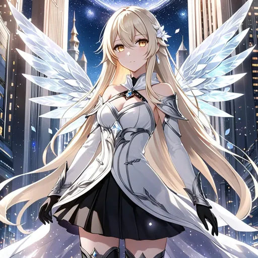 Prompt: anime, girl, detailed, very detailed, a woman in a white shirt inside, black skirt with a sword on a city street with skyscrapers in the background, official art, anime, girl, detailed, very detailed, crystal yellow eyes, very long blonde hair, 8k, detailed eyes, Anime illustration of a tall woman, light fairy wings, black thigh-highs, bright pupils, space, starfalls , high quality, thin body, anime art, detailed eyes, professional, atmospheric lighting, normal hands, five fingers, aura, adult woman, cold face, sharp eyes, 1girl, glowing eyes, Lumine from genshin impact, dress, textured corset with gold accessories, wearing long black gloves, bare shoulders