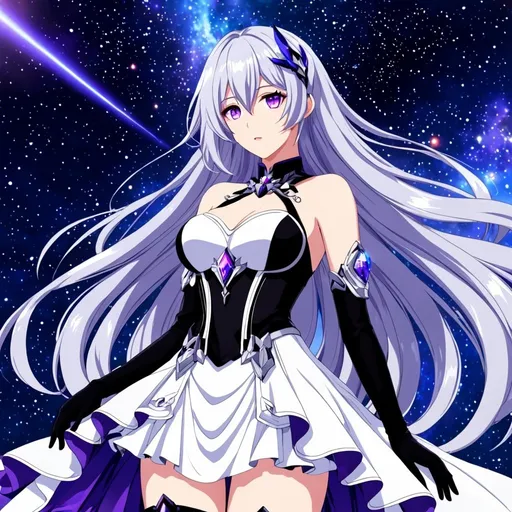 Prompt: Crystal purple eyes, very long silver hair, galactic background, 8k, he, detailed eyes, glove holding, textured dress, textured corset with silver accessories, Anime illustration of a tall woman wearing a white dress, hands behind back, black thigh-highs and black gloves, bright pupils, space, starfalls , high quality, thin body, anime art, detailed eyes, professional, atmospheric lighting, normal hands, five fingers, aura, adult woman, cold face, herrscher from honkai impact's outfit, sharp eyes, 1girl, glowing eyes