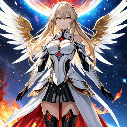 Prompt: anime, girl, detailed, very detailed, a woman in a white clothes, black skirt, stars and galactic in the background, official art, anime, girl, detailed, very detailed, crystal yellow eyes, very long blonde hair, 8k, detailed eyes, Anime illustration of a tall woman,  flame fairy wings, black thigh-highs, bright pupils, space, starfalls , high quality, thin body, anime art, detailed eyes, professional, atmospheric lighting, normal hands, five fingers, aura, adult woman, cold face, sharp eyes, 1girl, glowing eyes, Lumine from genshin impact, dress, textured corset with gold accessories, wearing long black gloves, bare shoulders, pyrokinesis, flame, white long arms shirt with black gloves, a white armor futuristic suit