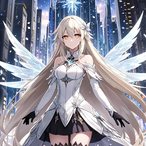 Prompt: anime, girl, detailed, very detailed, a woman in a white shirt inside, black skirt with a sword on a city street with skyscrapers in the background, official art, anime, girl, detailed, very detailed, crystal yellow eyes, very long blonde hair, 8k, detailed eyes, Anime illustration of a tall woman, light fairy wings, black thigh-highs, bright pupils, space, starfalls , high quality, thin body, anime art, detailed eyes, professional, atmospheric lighting, normal hands, five fingers, aura, adult woman, cold face, sharp eyes, 1girl, glowing eyes, Lumine from genshin impact, dress, textured corset with gold accessories, wearing long black gloves, bare shoulders