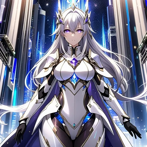 Prompt: anime, girl, detailed, very detailed, a woman in a white armor futuristic suit with a sword on a city street with skyscrapers in the background, official art, anime, girl, detailed, very detailed, crystal purple eyes, very long silver hair, 8k, he, detailed eyes, glove holding, Anime illustration of a tall woman, hands behind back, black thigh-highs and black gloves, bright pupils, space, starfalls , high quality, thin body, anime art, detailed eyes, professional, atmospheric lighting, normal hands, five fingers, aura, adult woman, cold face, sharp eyes, 1girl, glowing eyes