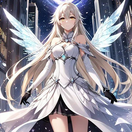 Prompt: anime, girl, detailed, very detailed, a woman in a white clothes, black skirt with a sword on a city street with skyscrapers in the background, official art, anime, girl, detailed, very detailed, crystal yellow eyes, very long blonde hair, 8k, detailed eyes, Anime illustration of a tall woman, gold light fairy wings, black thigh-highs, bright pupils, space, starfalls , high quality, thin body, anime art, detailed eyes, professional, atmospheric lighting, normal hands, five fingers, aura, adult woman, cold face, sharp eyes, 1girl, glowing eyes, Lumine from genshin impact, dress, textured corset with gold accessories, wearing long black gloves, bare shoulders, pyrokinesis, flame, white long arms shirt with black gloves