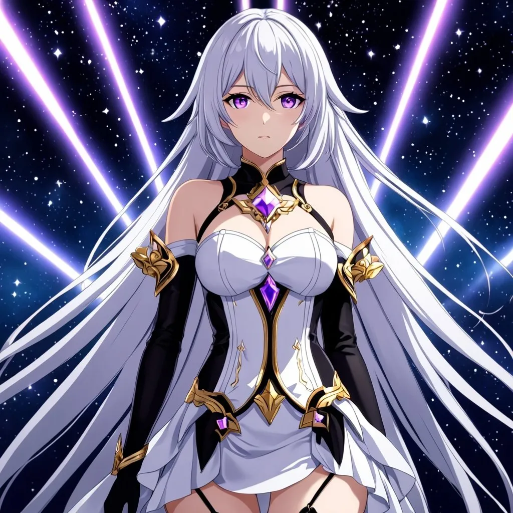 Prompt: Detailed purple eyes, glove holding, textured dress, textured corset with gold accessories, Anime illustration of a tall woman with very long white hair, wearing a white dress, hands behind back, black thigh-highs and black gloves, bright pupils, space, starfalls , high quality, thin body, anime art, detailed eyes, professional, atmospheric lighting, normal hands, five fingers, goddess, aura, adult woman, cold face, herrscher from honkai impact's outfit, sharp eyes, 1girl