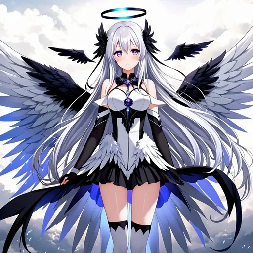 Prompt: 1girl, an anime girl with long white hair, anime art, an anime drawing, dull eyes, purple eyes, tall woman, high quality, thin body, multiple wings, angel, six wings, hands behind back, head wings, glowing eyes, halo, black thighhighs, bright pupils, white clothes, thunder