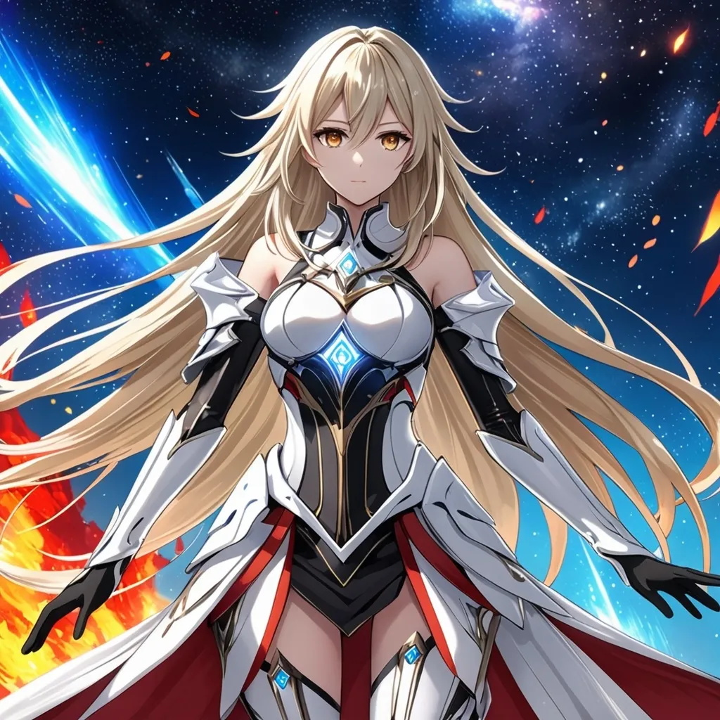 Prompt: anime, girl, detailed, very detailed, a woman in a white clothes, black skirt, stars and galactic in the background, official art, anime, girl, detailed, very detailed, crystal yellow eyes, very long blonde hair, 8k, detailed eyes, Anime illustration of a tall woman, fire aura, black thigh-highs, bright pupils, space, starfalls , high quality, thin body, anime art, detailed eyes, professional, atmospheric lighting, normal hands, five fingers, aura, adult woman, cold face, sharp eyes, 1girl, glowing eyes, Lumine from genshin impact, dress, textured corset with gold accessories, wearing long black gloves, bare shoulders, pyrokinesis, flame, white long arms shirt with black gloves, a white armor futuristic suit, Very long blonde hair