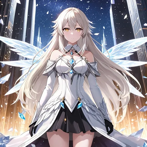 Prompt: anime, girl, detailed, very detailed, a woman in a white shirt inside, black skirt with a sword on a city street with skyscrapers in the background, official art, anime, girl, detailed, very detailed, crystal yellow eyes, very long blonde hair, 8k, detailed eyes, Anime illustration of a tall woman, light fairy wings, black thigh-highs, bright pupils, space, starfalls , high quality, thin body, anime art, detailed eyes, professional, atmospheric lighting, normal hands, five fingers, aura, adult woman, cold face, sharp eyes, 1girl, glowing eyes, Lumine from genshin impact, dress, textured corset with gold accessories, wearing long black gloves, bare shoulders