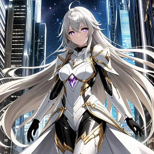 Prompt: anime, girl, detailed, very detailed, a woman in a white armor futuristic suit with a sword on a city street with skyscrapers in the background, official art, anime, girl, detailed, very detailed, crystal purple eyes, very long silver hair, 8k, he, detailed eyes, glove holding, Anime illustration of a tall woman, hands behind back, black thigh-highs and black gloves, bright pupils, space, starfalls , high quality, thin body, anime art, detailed eyes, professional, atmospheric lighting, normal hands, five fingers, aura, adult woman, cold face, sharp eyes, 1girl, glowing eyes