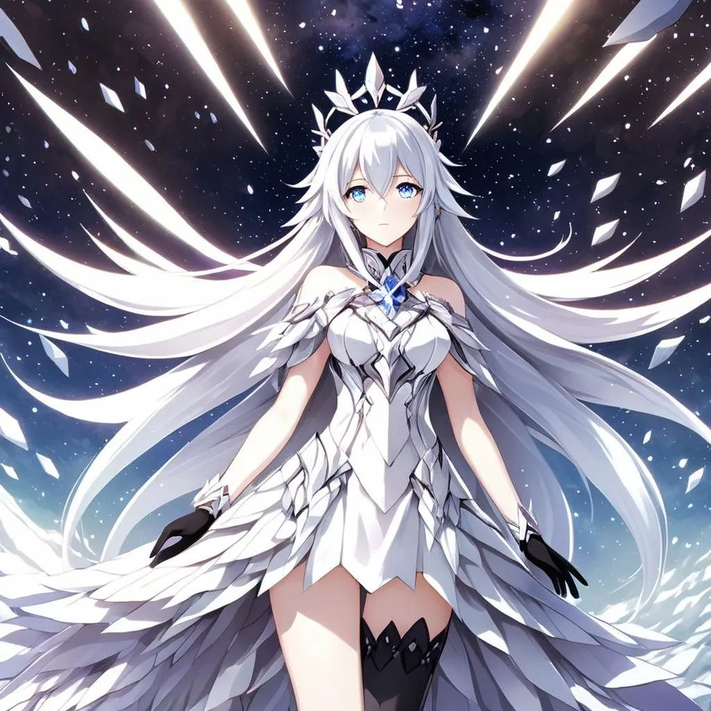 Prompt: Anime illustration of a tall woman with very long white hair, blue eyes, wearing a white dress, hands behind back, black thigh-highs, and gloves, bright pupils, space, stars , high quality, thin body, anime art, detailed eyes, professional, atmospheric lighting, normal hands, five fingers, goddess, halo, adult woman, herrscher from honkai impact's outfit