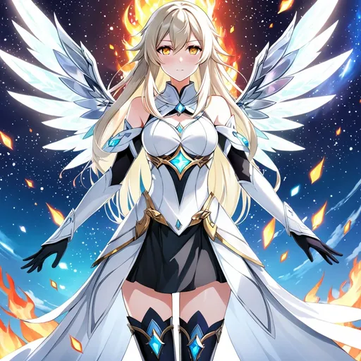 Prompt: anime, girl, detailed, very detailed, a woman in a white clothes, black skirt, stars and galactic in the background, official art, anime, girl, detailed, very detailed, crystal yellow eyes, very long blonde hair, 8k, detailed eyes, Anime illustration of a tall woman,  flame fairy wings, black thigh-highs, bright pupils, space, starfalls , high quality, thin body, anime art, detailed eyes, professional, atmospheric lighting, normal hands, five fingers, aura, adult woman, cold face, sharp eyes, 1girl, glowing eyes, Lumine from genshin impact, dress, textured corset with gold accessories, wearing long black gloves, bare shoulders, pyrokinesis, flame, white long arms shirt with black gloves, a white armor futuristic suit