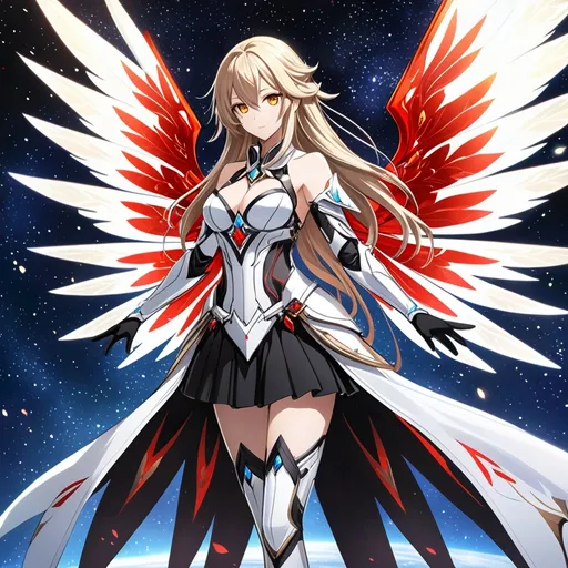 Prompt: anime, girl, detailed, very detailed, a woman in a white clothes, black skirt, stars and galactic in the background, official art, anime, girl, detailed, very detailed, crystal yellow eyes, very long blonde hair, 8k, detailed eyes, Anime illustration of a tall woman,  flame fairy wings, black thigh-highs, bright pupils, space, starfalls , high quality, thin body, anime art, detailed eyes, professional, atmospheric lighting, normal hands, five fingers, aura, adult woman, cold face, sharp eyes, 1girl, glowing eyes, Lumine from genshin impact, dress, textured corset with gold accessories, wearing long black gloves, bare shoulders, pyrokinesis, flame, white long arms shirt with black gloves, a white armor futuristic suit