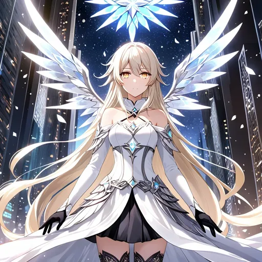 Prompt: anime, girl, detailed, very detailed, a woman in a white clothes, black skirt with a sword on a city street with skyscrapers in the background, official art, anime, girl, detailed, very detailed, crystal yellow eyes, very long blonde hair, 8k, detailed eyes, Anime illustration of a tall woman, gold light fairy wings, black thigh-highs, bright pupils, space, starfalls , high quality, thin body, anime art, detailed eyes, professional, atmospheric lighting, normal hands, five fingers, aura, adult woman, cold face, sharp eyes, 1girl, glowing eyes, Lumine from genshin impact, dress, textured corset with gold accessories, wearing long black gloves, bare shoulders, pyrokinesis, flame, white long arms shirt with black gloves