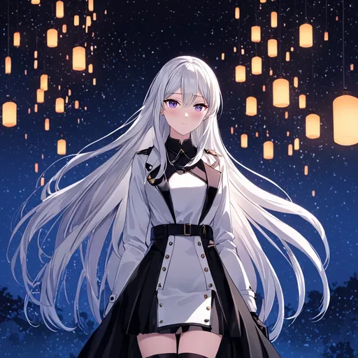 Prompt: Anime illustration of a tall woman with long white hair, purple eyes, wearing a black dress and white jacket, hands behind back, black thigh-highs, and gloves, bright pupils, nightfall setting, high quality, thin body, anime art, detailed eyes, professional, atmospheric lighting, normal hands, five fingers