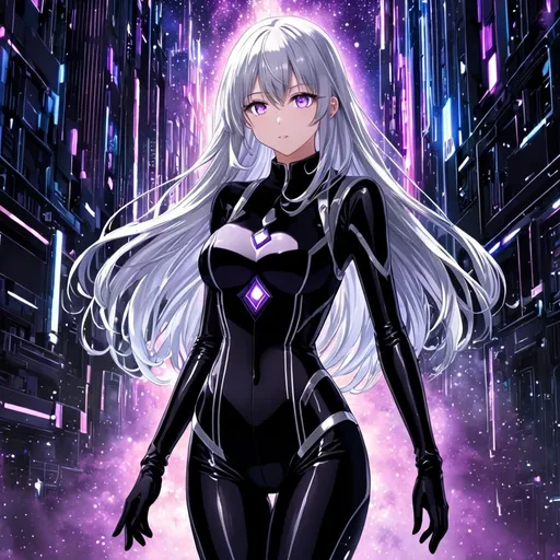 Prompt: Crystal purple eyes, very long silver hair, galactic background, 8k, he, detailed eyes, glove holding, textured clothes, textured corset with white accessories, Anime illustration of a tall woman wearing a black battlesuit, hands behind back, black thigh-highs and black gloves, bright pupils, high quality, thin body, anime art, detailed eyes, professional, atmospheric lighting, normal hands, five fingers, aura, adult woman, cold face, background city, sharp eyes, 1girl, black cape, glowing eyes