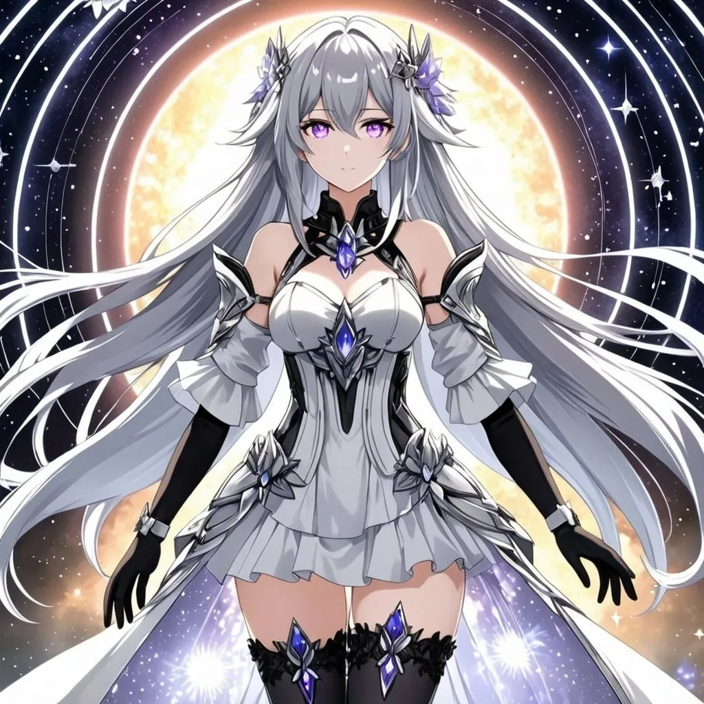Prompt: Crystal purple eyes, very long silver hair, galactic background, 8k, he, detailed eyes, glove holding, textured dress, textured corset with silver accessories, Anime illustration of a tall woman wearing a white dress, hands behind back, black thigh-highs and black gloves, bright pupils, space, starfalls , high quality, thin body, anime art, detailed eyes, professional, atmospheric lighting, normal hands, five fingers, aura, adult woman, cold face, herrscher from honkai impact's outfit, sharp eyes, 1girl, glowing eyes, sun