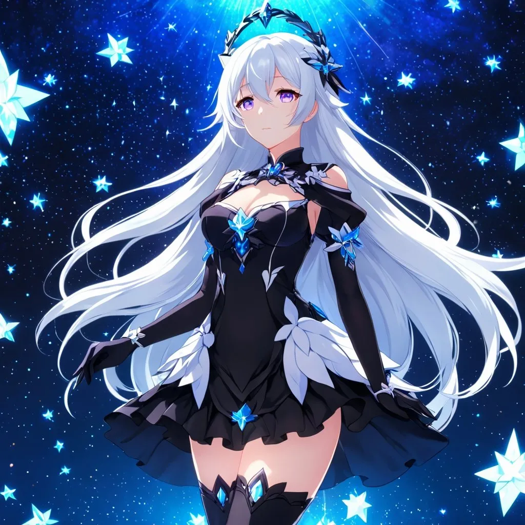 Prompt: Anime illustration of a tall woman with very long white hair, purple eyes, wearing a white dress, hands behind back, black thigh-highs, and gloves, bright pupils, space, stars , high quality, thin body, anime art, detailed eyes, professional, atmospheric lighting, normal hands, five fingers, goddess, halo, adult woman, herrscher from honkai impact's outfit