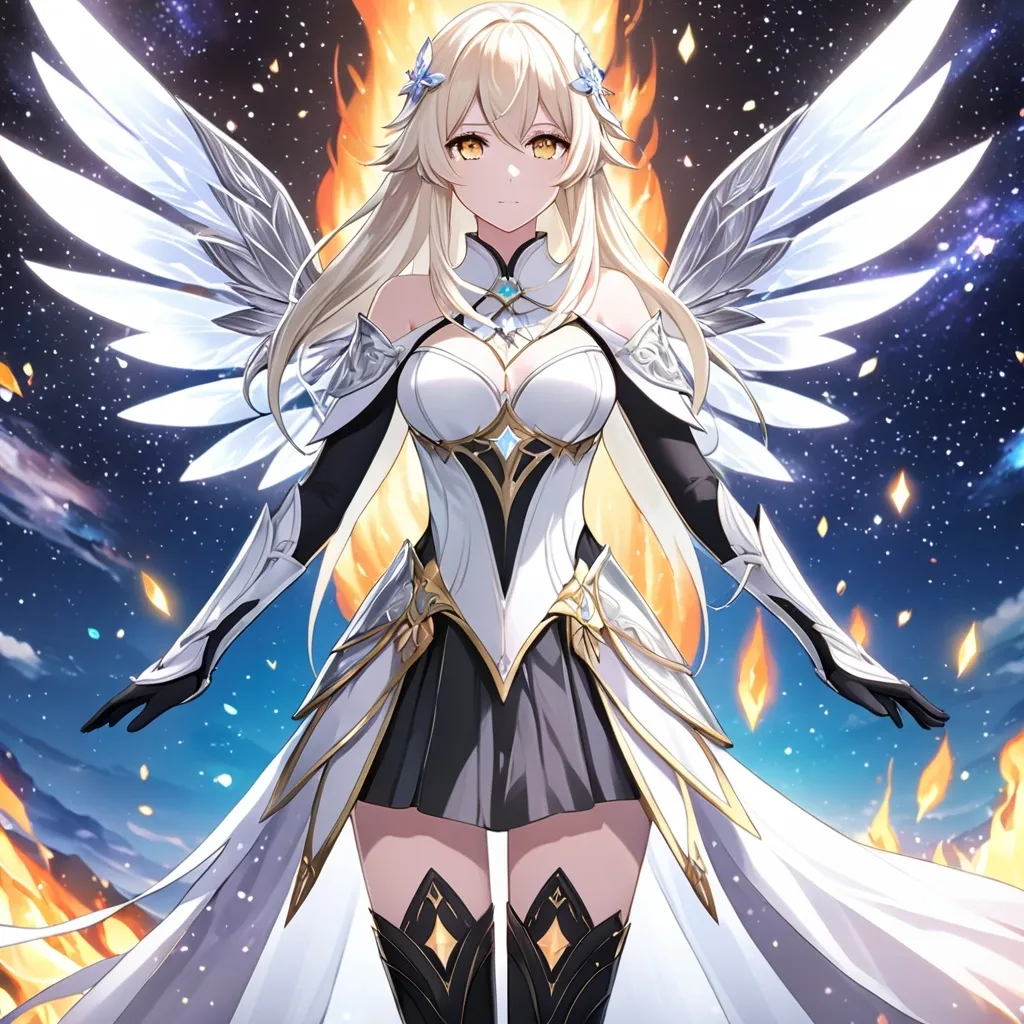 Prompt: anime, girl, detailed, very detailed, a woman in a white clothes, black skirt, stars and galactic in the background, official art, anime, girl, detailed, very detailed, crystal yellow eyes, very long blonde hair, 8k, detailed eyes, Anime illustration of a tall woman,  flame fairy wings, black thigh-highs, bright pupils, space, starfalls , high quality, thin body, anime art, detailed eyes, professional, atmospheric lighting, normal hands, five fingers, aura, adult woman, cold face, sharp eyes, 1girl, glowing eyes, Lumine from genshin impact, dress, textured corset with gold accessories, wearing long black gloves, bare shoulders, pyrokinesis, flame, white long arms shirt with black gloves, a white armor futuristic suit