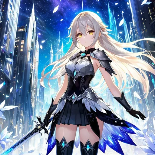 Prompt: anime, girl, detailed, very detailed, a woman in a white shirt inside, black skirt with a sword on a city street with skyscrapers in the background, official art, anime, girl, detailed, very detailed, crystal yellow eyes, very long blonde hair, 8k, detailed eyes, wearing gloves, Anime illustration of a tall woman, light fairy wings, black thigh-highs and black gloves, bright pupils, space, starfalls , high quality, thin body, anime art, detailed eyes, professional, atmospheric lighting, normal hands, five fingers, aura, adult woman, cold face, sharp eyes, 1girl, glowing eyes, Lumine from genshin impact, armored dress