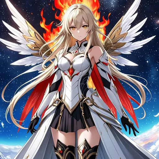 Prompt: anime, girl, detailed, very detailed, a woman in a white clothes, black skirt, stars and galactic in the background, official art, anime, girl, detailed, very detailed, crystal yellow eyes, very long blonde hair, 8k, detailed eyes, Anime illustration of a tall woman,  flame fairy wings, black thigh-highs, bright pupils, space, starfalls , high quality, thin body, anime art, detailed eyes, professional, atmospheric lighting, normal hands, five fingers, aura, adult woman, cold face, sharp eyes, 1girl, glowing eyes, Lumine from genshin impact, dress, textured corset with gold accessories, wearing long black gloves, bare shoulders, pyrokinesis, flame, white long arms shirt with black gloves, a white armor futuristic suit