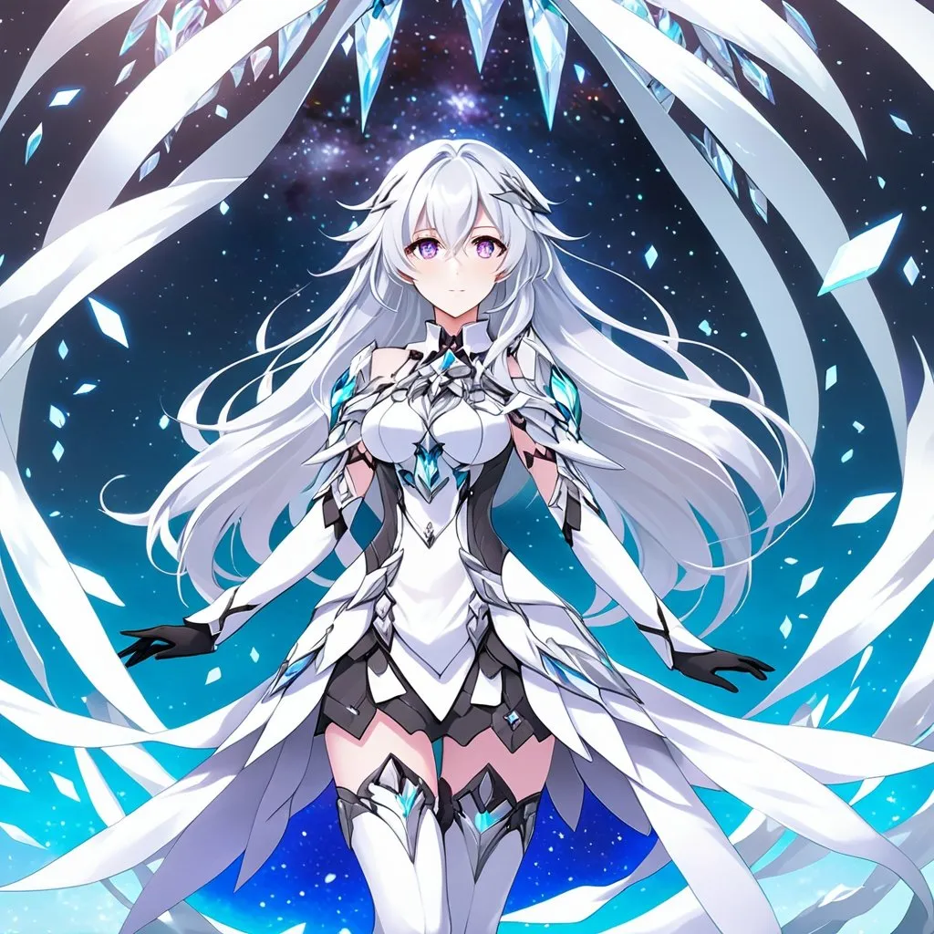 Prompt: Anime illustration of a tall woman with very long white hair, purple eyes, wearing a white dress, hands behind back, black thigh-highs, and gloves, bright pupils, space, stars , high quality, thin body, anime art, detailed eyes, professional, atmospheric lighting, normal hands, five fingers, goddess, halo, adult woman, herrscher from honkai impact's outfit